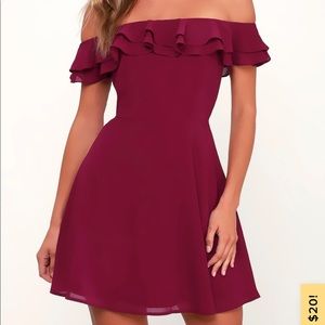Burgundy Ruffle Off-the-Shoulder Skater Dress